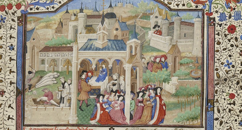 Miniature issue d'un manuscrit du début du XVe siècle de la Bibliothèque nationale (BnF, Arsenal, 5070), libre de droits (Gallica)