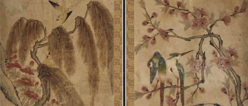 Paravent à huit panneaux : fleurs et oiseaux "Hwajo-do"