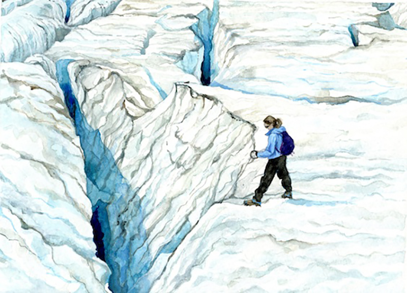 measuring_crevasse_depth_watercolor_and_colored_pencil