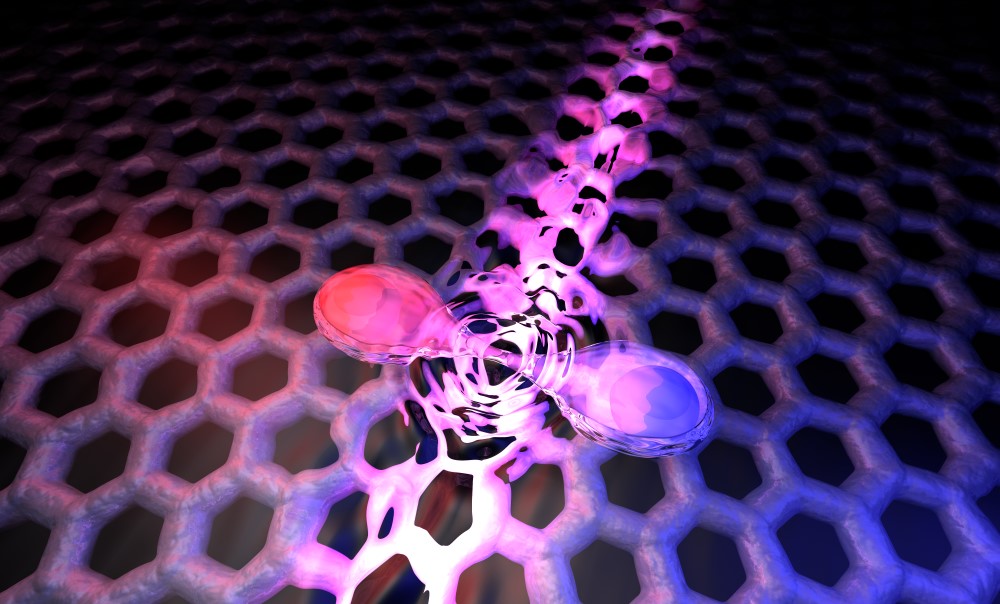 Vue d’artiste de la polarisation du vide par création d’une paire électron-trou dans le graphène.