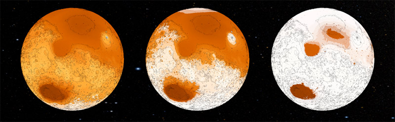 Simulation de l'état de la surface de Mars sous l'effet de l'activité métabolique de microorganismes consommateurs d'hydrogène et producteurs de méthane. Sur l'échelle de temps considérée (ici quelques centaines de milliers d'années), la température chute et la glace s'étend jusqu'à recouvrir la quasi-totalité de la surface planétaire, compromettant la viabilité même de la biosphère. 