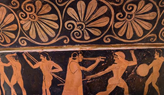 Athlètes dans la palestre avec des entraîneurs et un flûtiste. Athènes, attribué à Nikoxenos, fin de l'époque archaïque, vers 520-510 av. J.-C. Wikipédia/ArchaiOptix, CC BY-SA